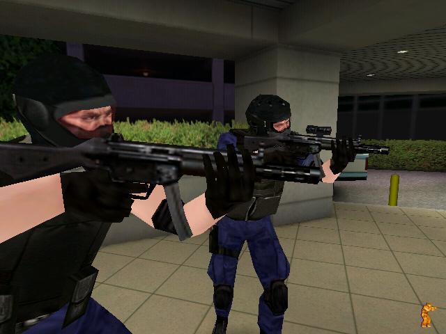 A pair of officers prepare to make entry to the stormed Hospital with both variants of the Heckler & Koch MP5SD with the integral suppressor and one with an Aimpoint sight.
