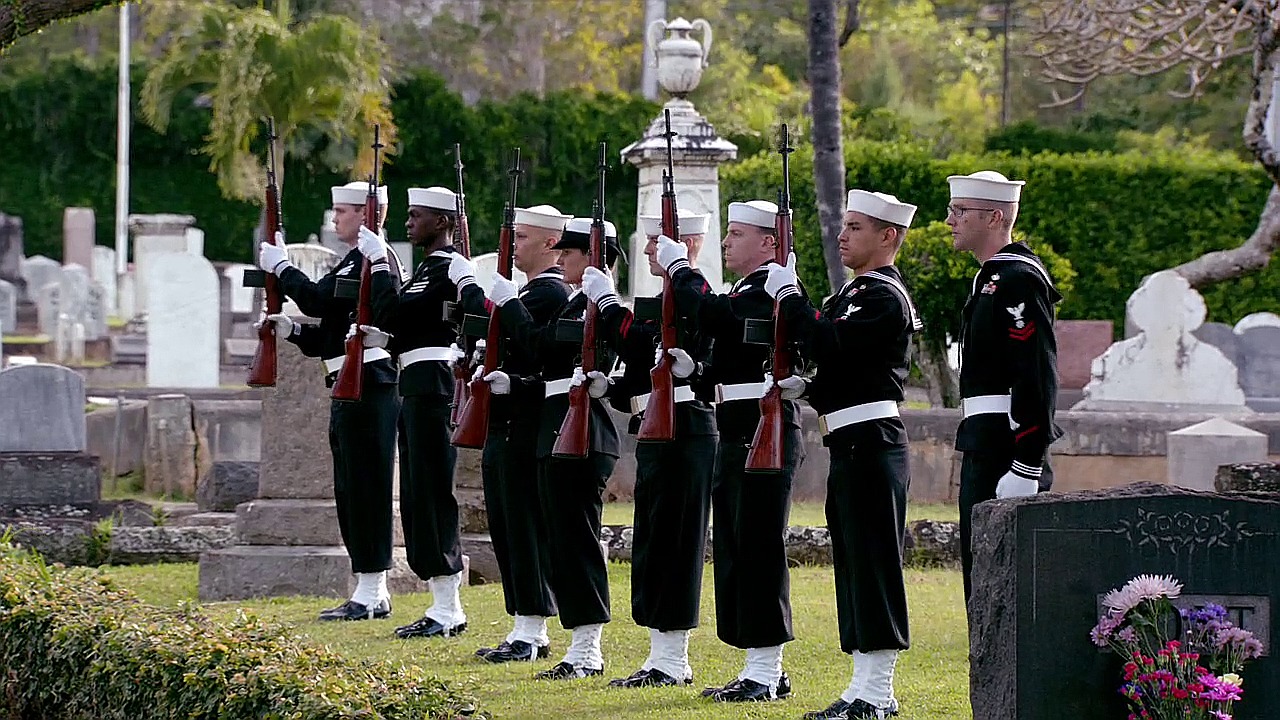 A US Navy honor guard use M14 rifles to perform a rifle volley in "Olelo Paʻa" (S3E20).