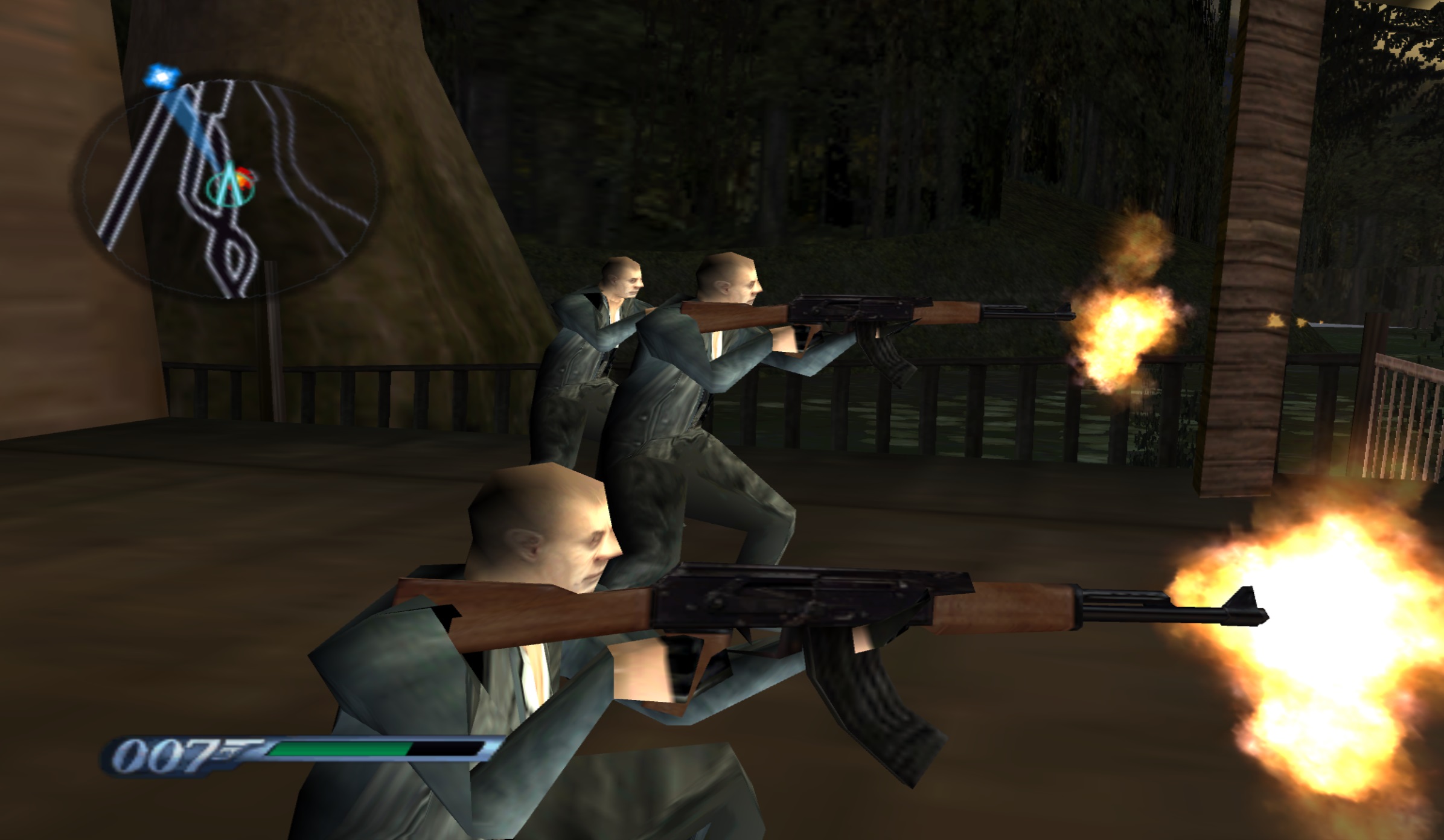 A group of low poly thugs shoot at Bond with oversized low detail AKs from their shack in the Louisana bayou.