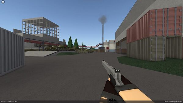 The player character, a mercenary, holds his AMT Automag III at the hip on the totally not at all derivative map, Ravod 911.